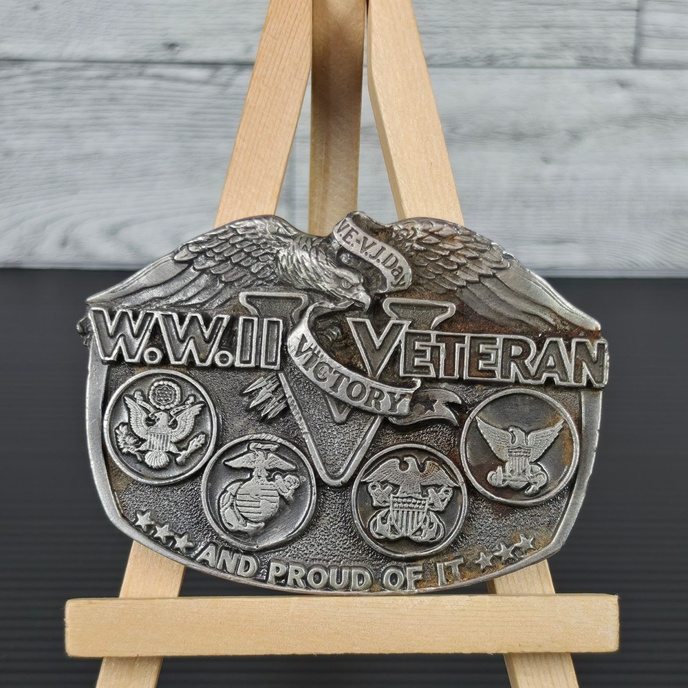 Vintage 1988 WWII Veteran Belt Buckle Great American Buckle Co Pewter USA Made